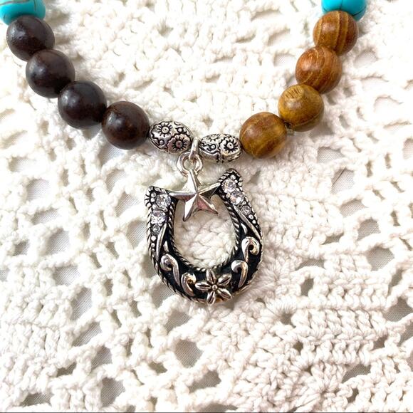 Horseshoe Charm Turquoise Wood Beaded Bracelet - Picture 3 of 3
